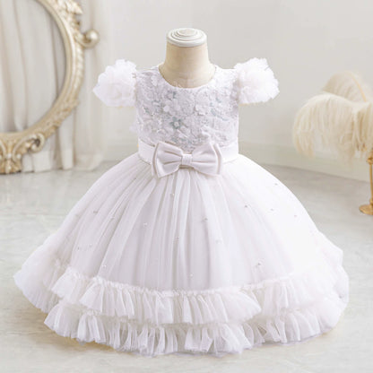 Vestido de fiesta infantil con lazo de flores pequeñas 