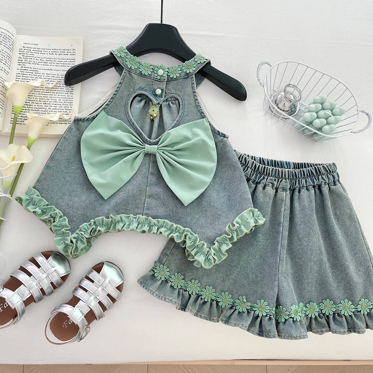 Girls' Denim Set with Floral Print