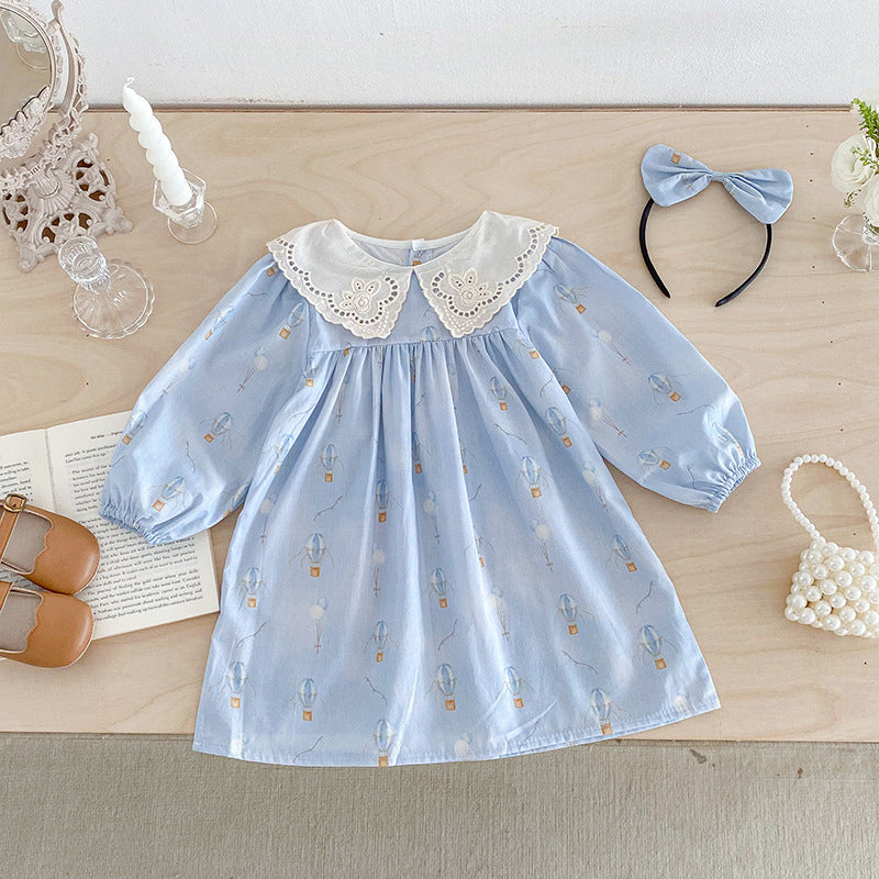 Blue Children's Bodysuit/Dress with Flowers and Lace