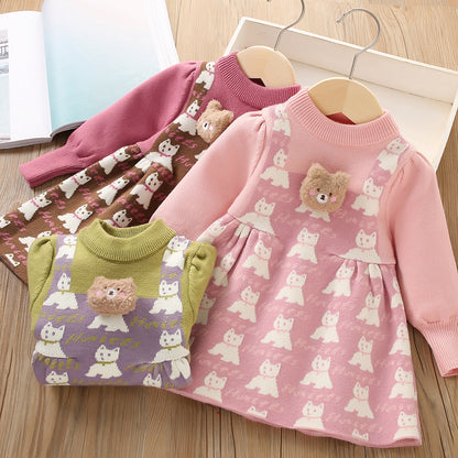 Children's Knitted Dress with Teddy Bear and Kitten