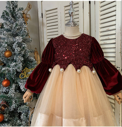Children's Dress in Shiny Velvet and Pearls