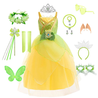 Green sequined party dress + accessories