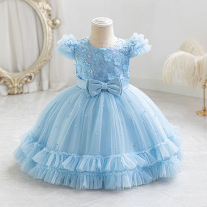 Vestido de fiesta infantil con lazo de flores pequeñas 