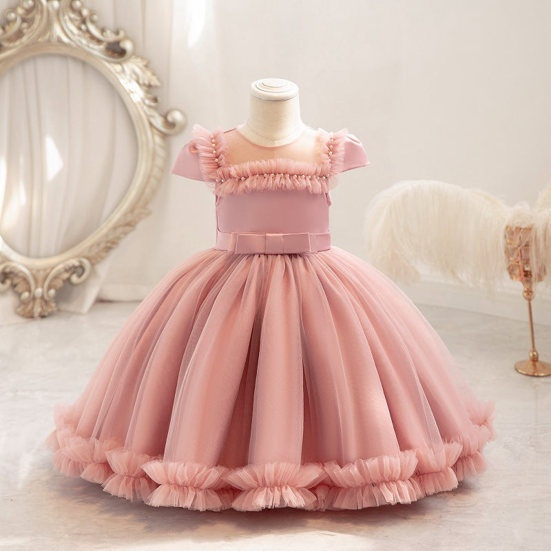 Vestido de fiesta infantil plisado de tul y perlas 