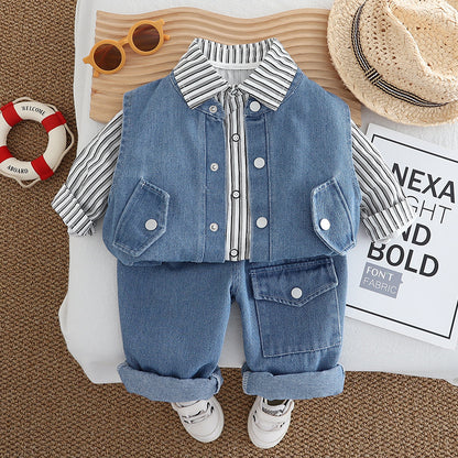 Conjunto de 3 piezas de jeans y rayas para niño 