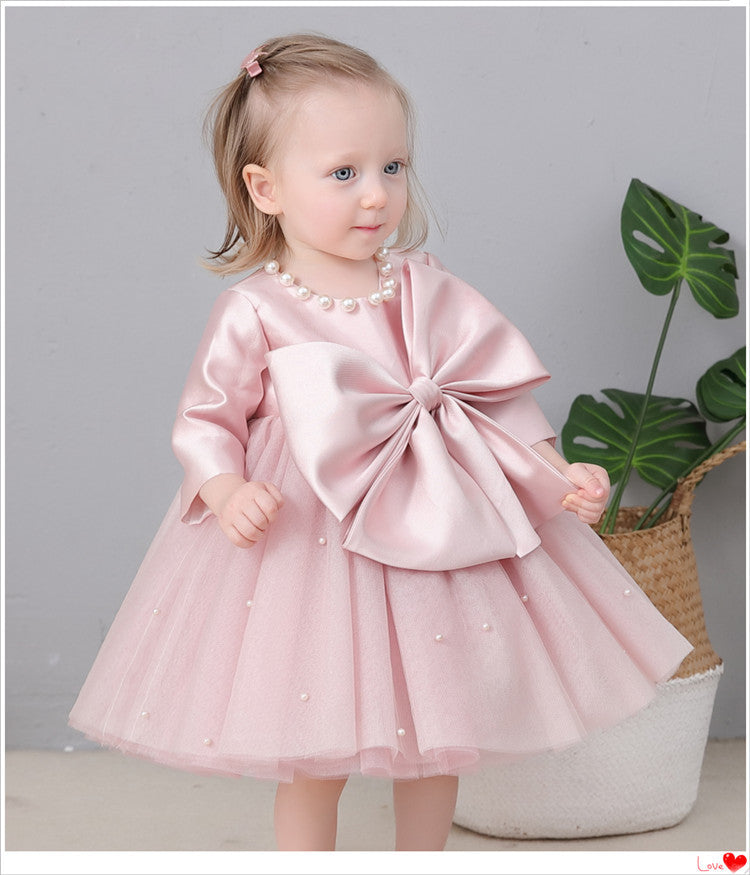 Vestido de fiesta infantil con perlas y lazo