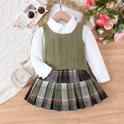 Conjunto de 3 piezas para niña con chaleco y cuadros 