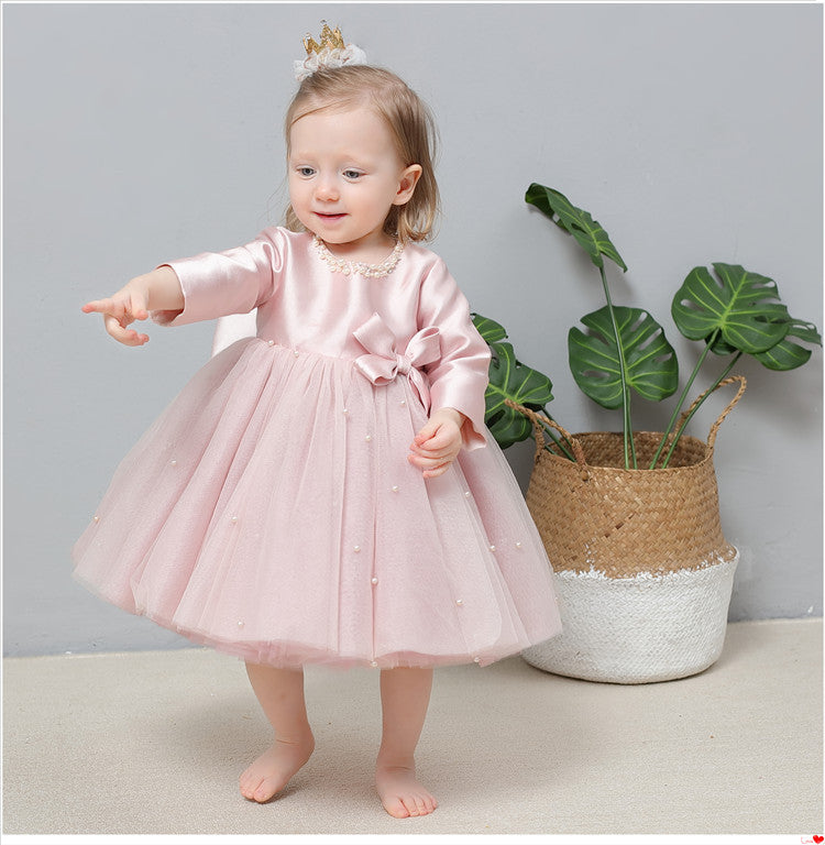 Vestido de fiesta infantil con perlas y lazo