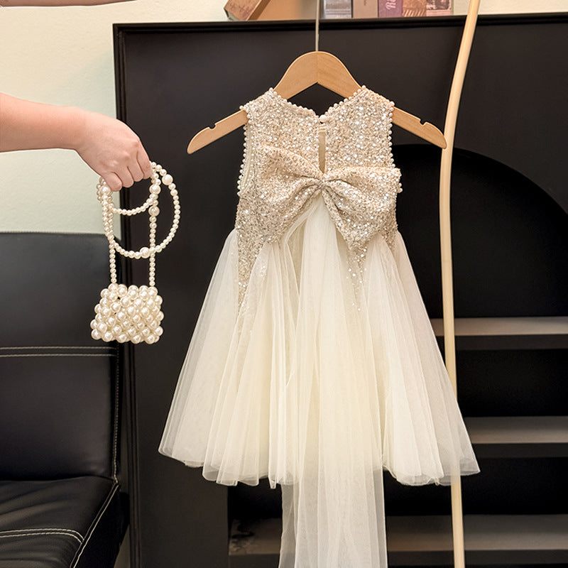 Shiny Children's Dress with Bow and Tulle