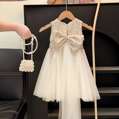 Shiny Children's Dress with Bow and Tulle