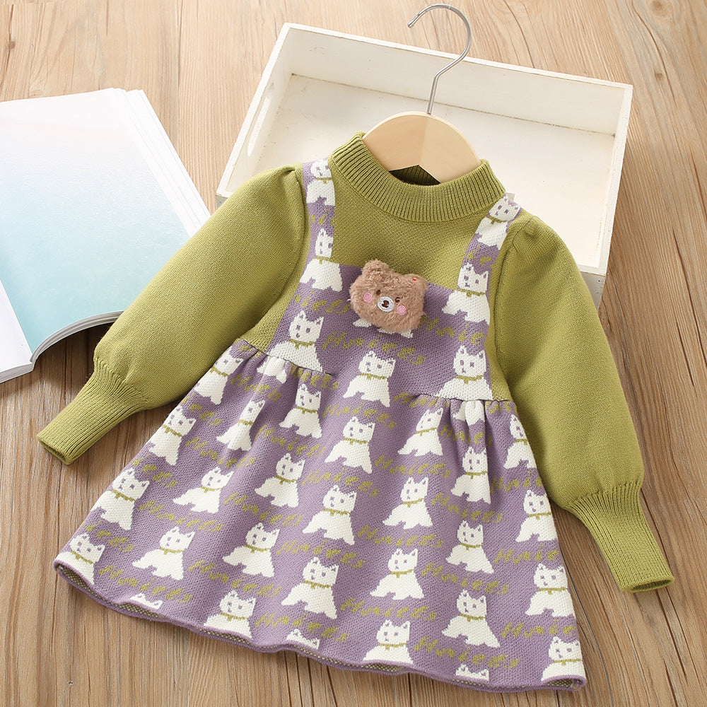 Children's Knitted Dress with Teddy Bear and Kitten