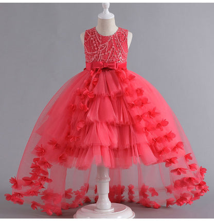 Vestido de fiesta infantil con flores brillantes y lazo 