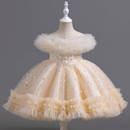 Vestido de fiesta infantil de tul con estrellitas y flores 