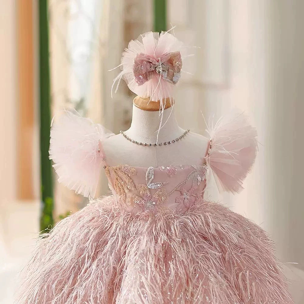 Pink Feathered Party Dress for Girls