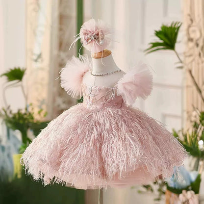 Pink Feathered Party Dress for Girls