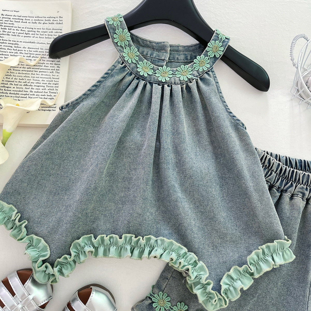 Girls' Denim Set with Floral Print