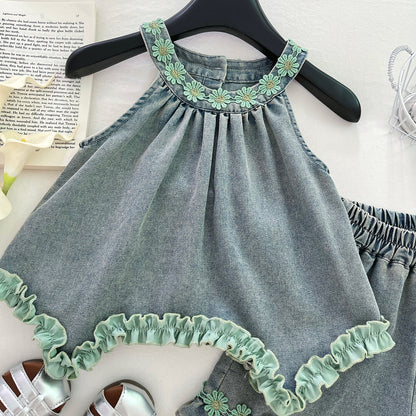 Girls' Denim Set with Floral Print