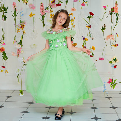 Green Girls' Dress with Small Flowers and a Small Bow