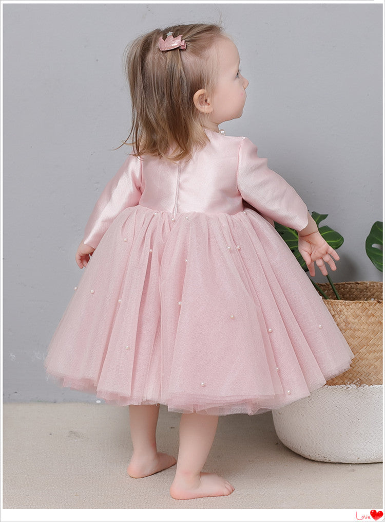 Vestido de fiesta infantil con perlas y lazo