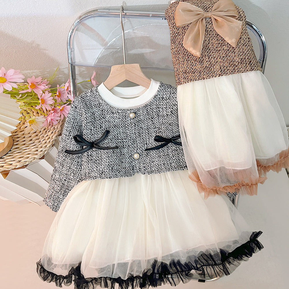 Vestido infantil de tweed y tul con lazos