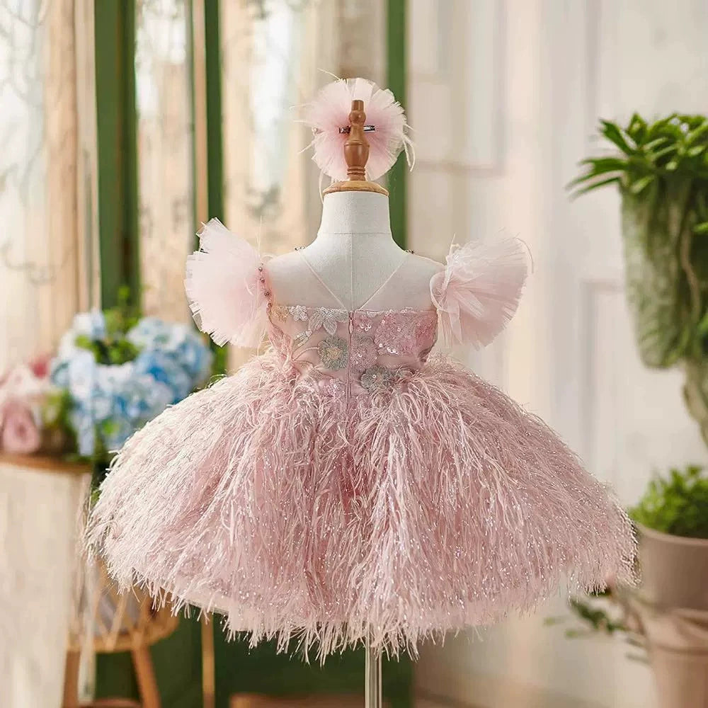 Pink Feathered Party Dress for Girls