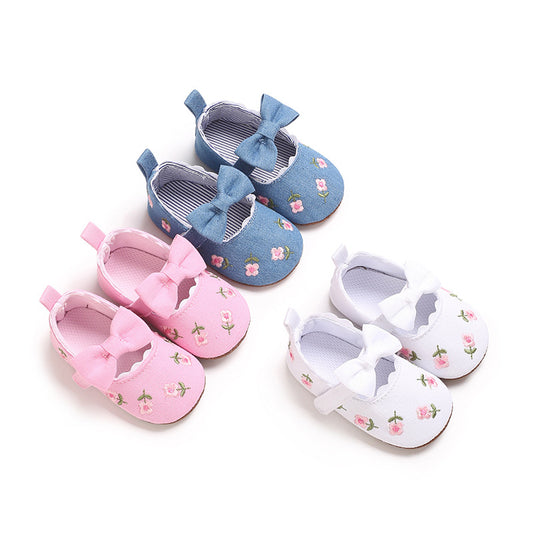 Children's Shoes with Little Flowers and a Small Bow