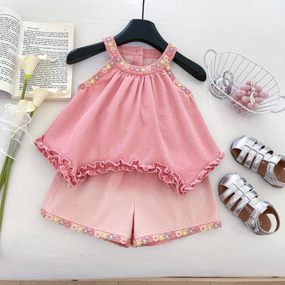 Girls' Denim Set with Floral Print