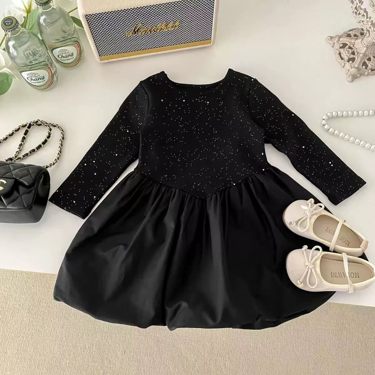 Children's Dress + Jacket, Black, Shiny