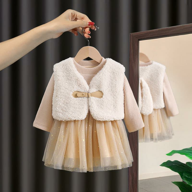 Conjunto infantil para mujer: vestido de tul y chaleco de lana 