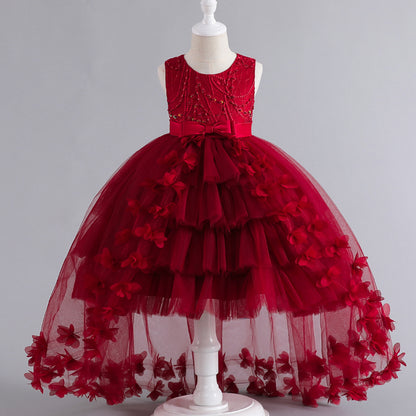 Vestido de fiesta infantil con flores brillantes y lazo 