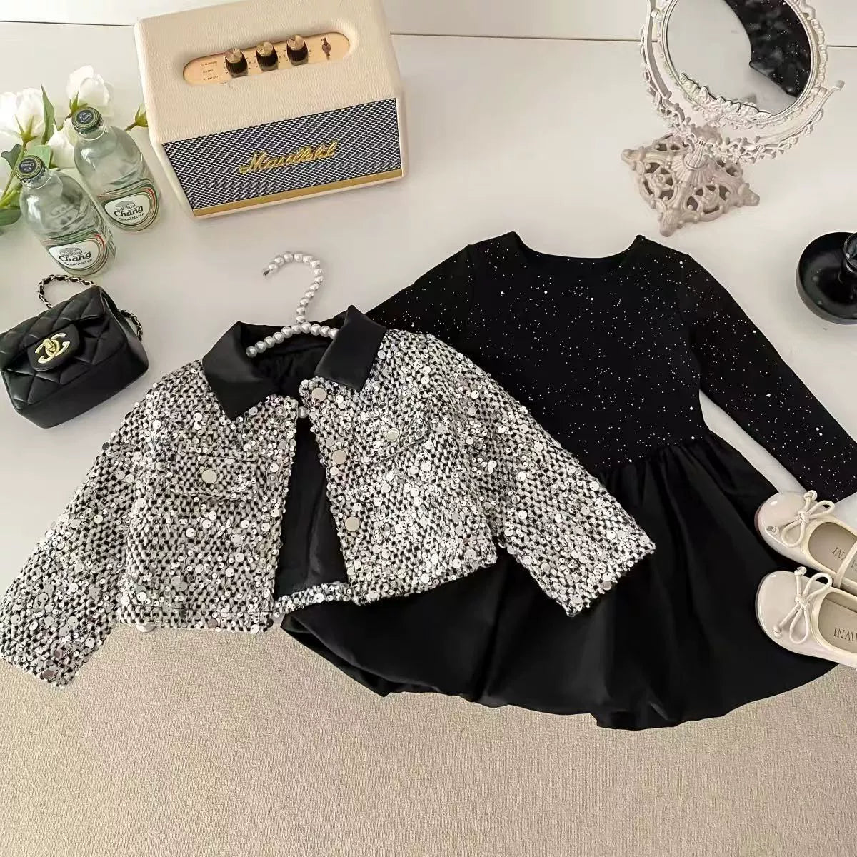 Children's Dress + Jacket, Black, Shiny