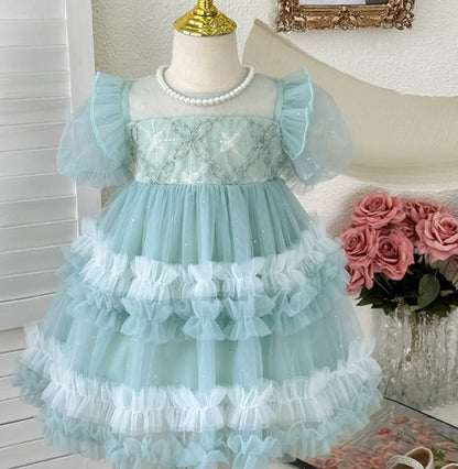 Vestido infantil de tul con perlas y lazo 