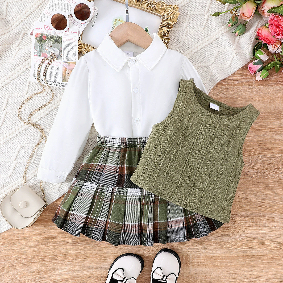 Conjunto de 3 piezas para niña: chaleco y falda 