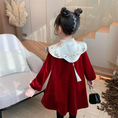 Children's Velvet Dress with Floral Collar