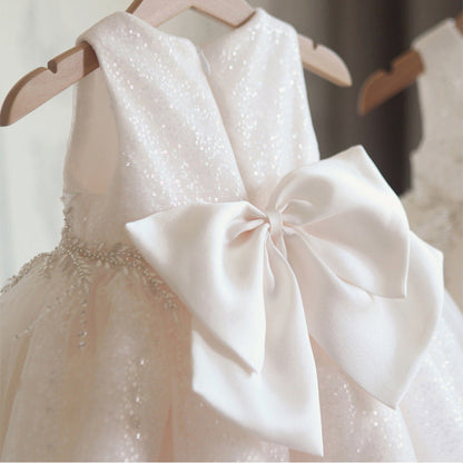 White Shiny Children's Party Dress with Flowers