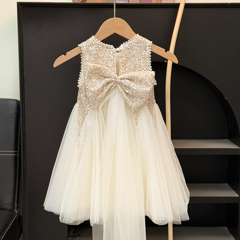 Shiny Children's Dress with Bow and Tulle