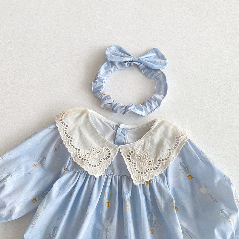 Blue Children's Bodysuit/Dress with Flowers and Lace