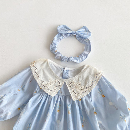 Blue Children's Bodysuit/Dress with Flowers and Lace