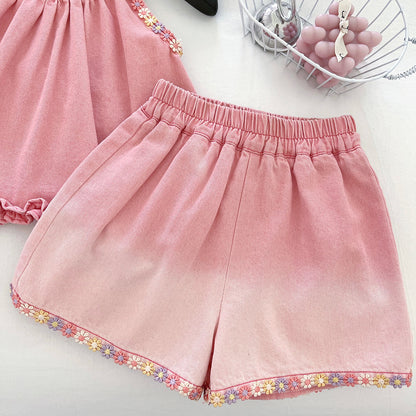 Girls' Denim Set with Floral Print