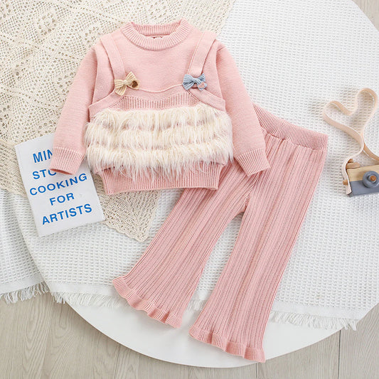 Children's Knit Set with Bow and Fur