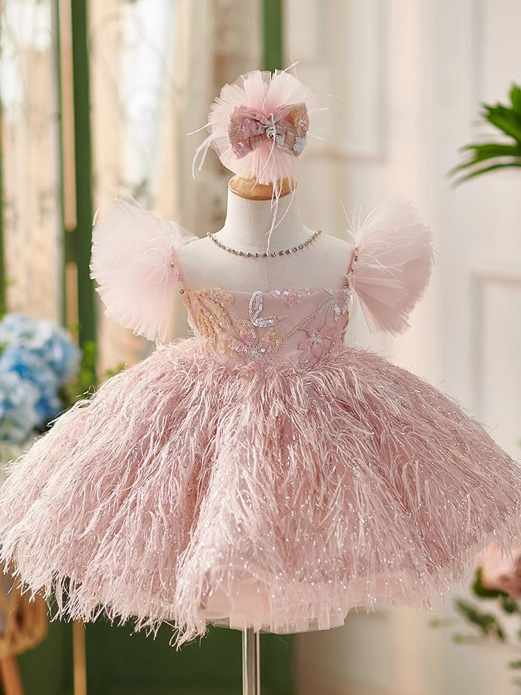 Pink Feathered Party Dress for Girls