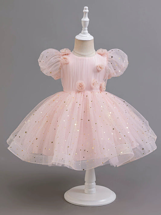 Children's Party Dress with Flowers and Sparkles