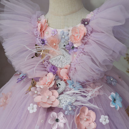 Children's Party Dress with Floral Flamingo Print
