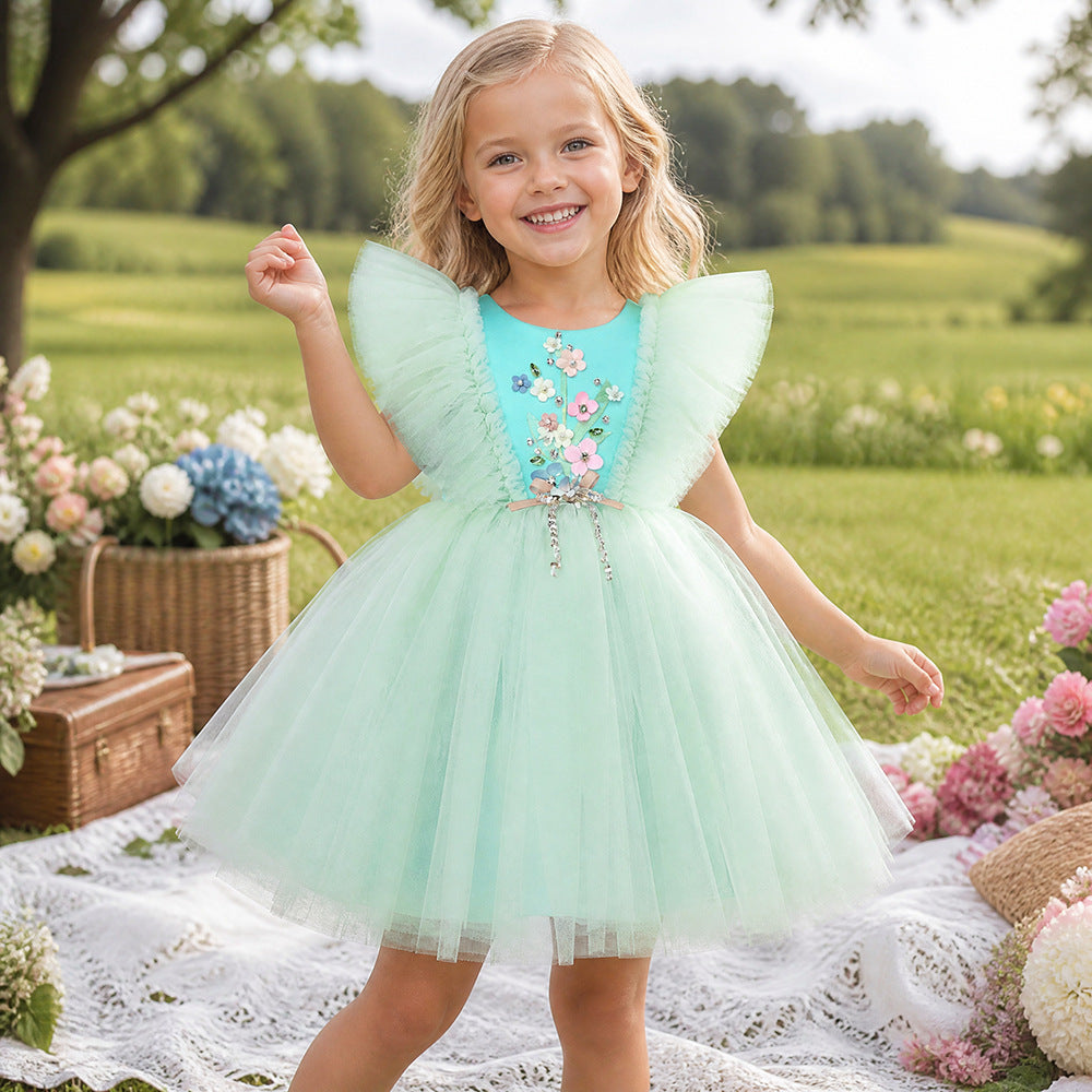 Flower Children Girls Flying Sleeve Tulle Princess Dress