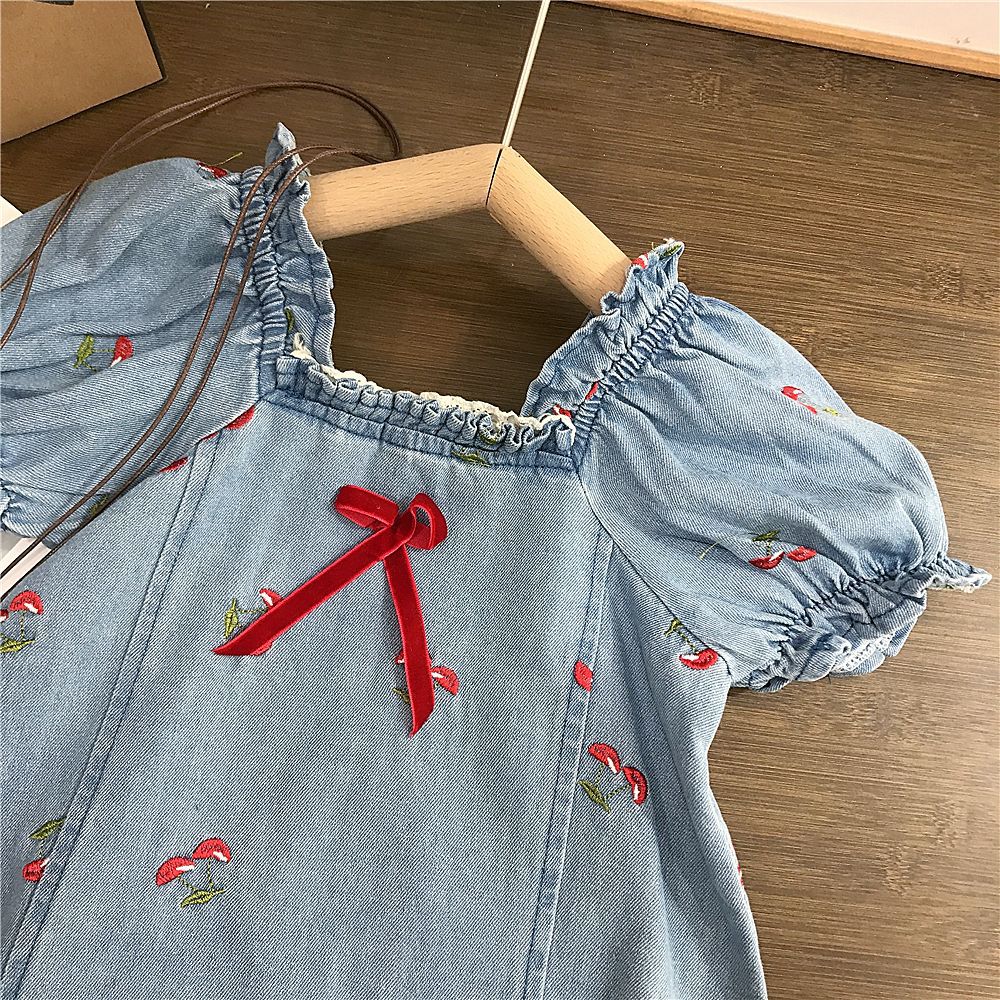 Children's Cherry Embroidered Jeans Dress