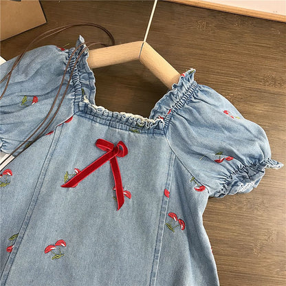 Children's Cherry Embroidered Jeans Dress
