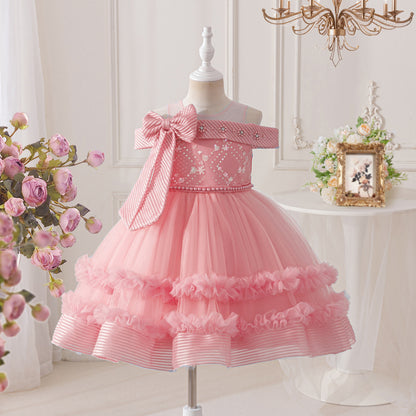 Children's Off-the-Shoulder Party Dress with Bow