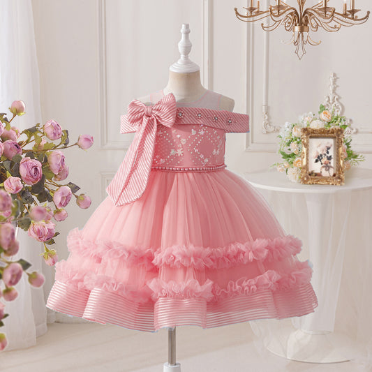 Children's Off-the-Shoulder Party Dress with Bow