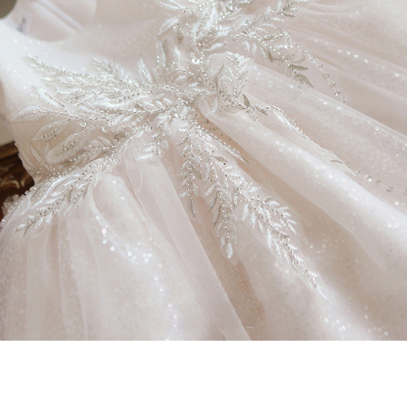 White Shiny Children's Party Dress with Flowers