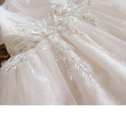 White Shiny Children's Party Dress with Flowers